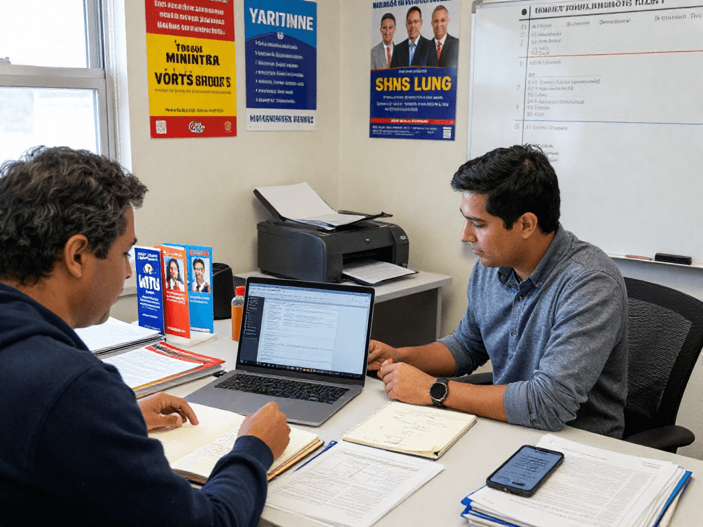 Campaign manager analyzing voter data and managing Instagram ads for campaigns in a vibrant political office.
