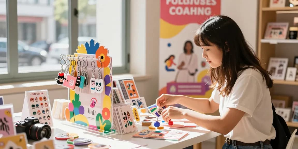 Custom acrylic stand displaying bright merchandise, including keychains and stickers, in an engaging e-commerce environment.