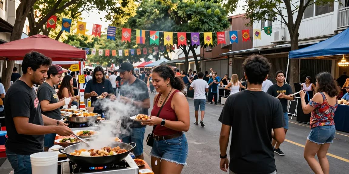 Motchill street festival scene with diverse friends enjoying local food and music.