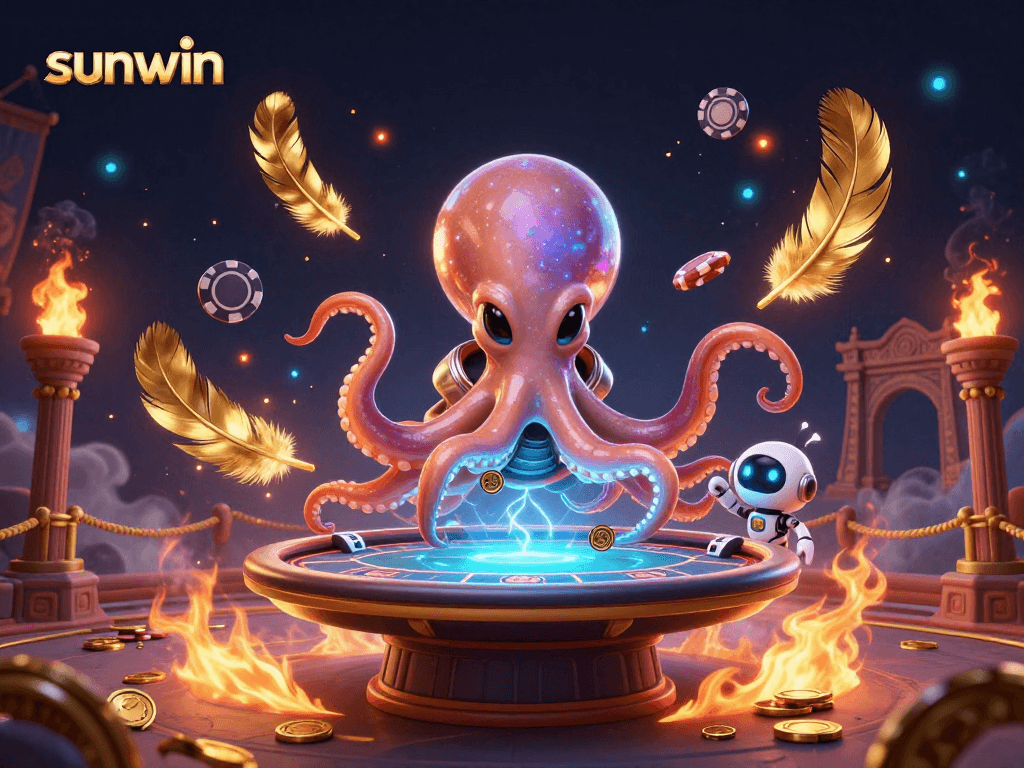 Play thrilling poker with sunwin's alien octopus in this vibrant cosmic casino scene.