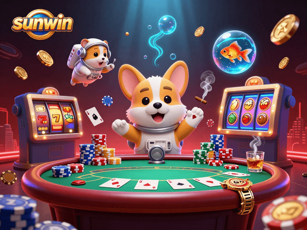 Win big with sunwin in a vibrant casino-themed scene featuring a cartoon corgi and jackpots.