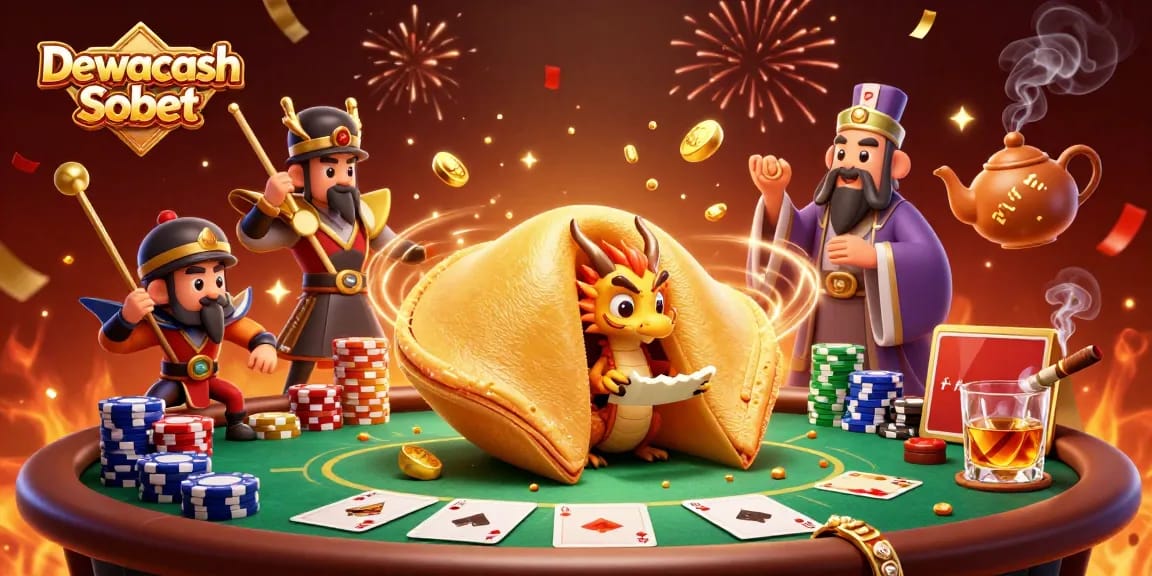 Dewacash Sbobet enhances your gaming experience with vibrant 3D visuals of a dragon and golden cookie.