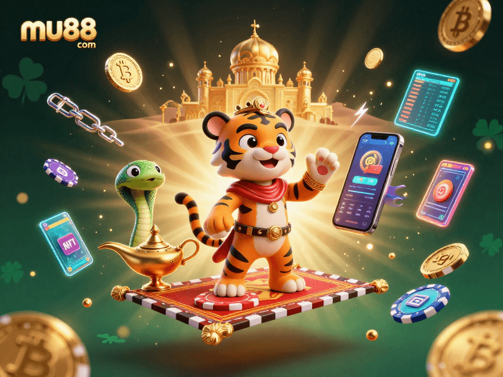 Join the excitement at mu88 com with the cartoon sultan and genie in a rich casino scene.