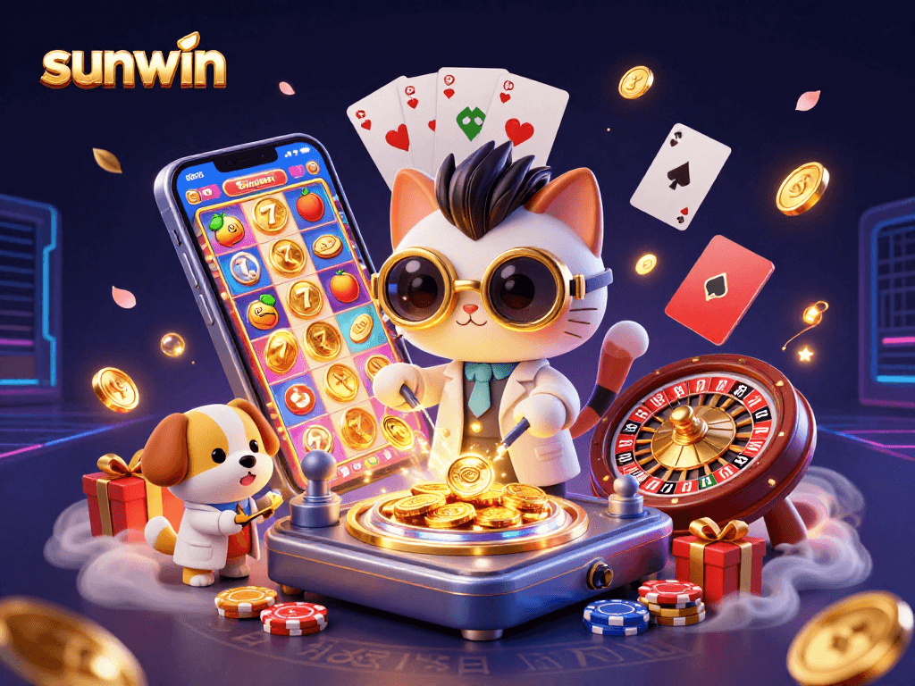 sunwin brings excitement as a mad scientist cat creates slot games and gold coins in a vibrant casino scene