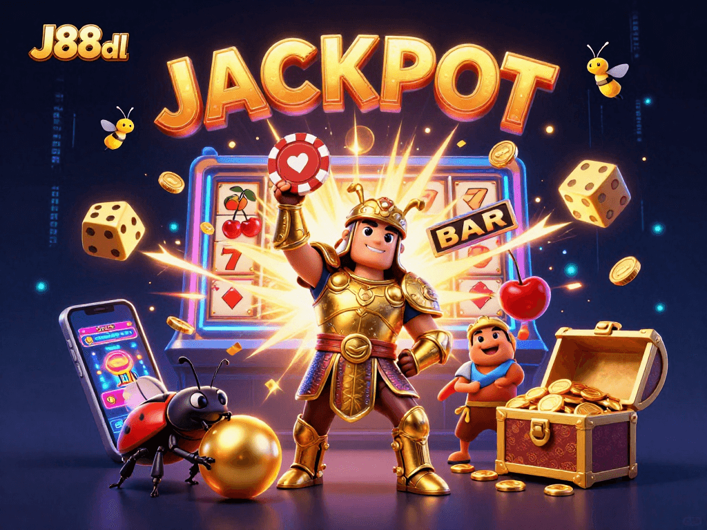 Engage in J88dl's vibrant jackpot scene with cartoon heroes celebrating wins in a dazzling casino.