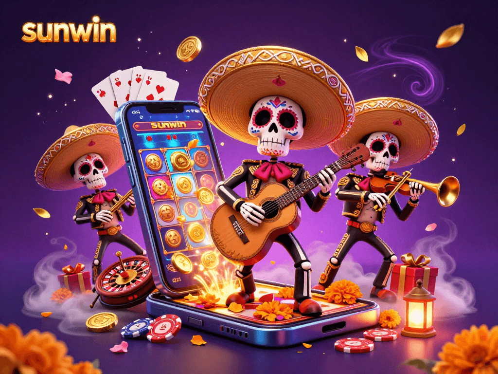 Engage with sunwin as vibrant mariachi skeletons celebrate in a colorful casino scene.