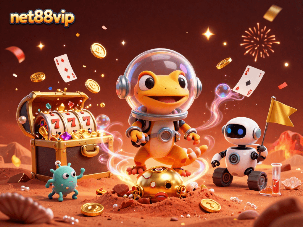 Experience net88vip's thrilling casino adventure with a Martian gecko and treasures from a golden casino.