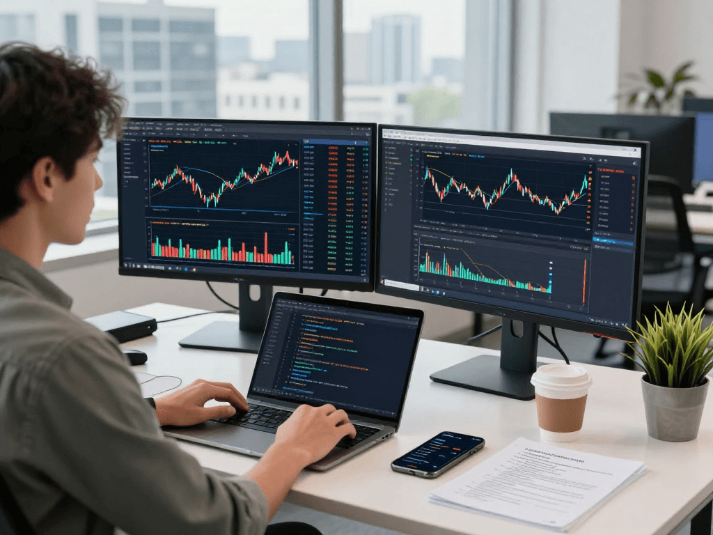 Real-time stock data on dual monitors illustrating HK stock real-time API integration in a modern office.