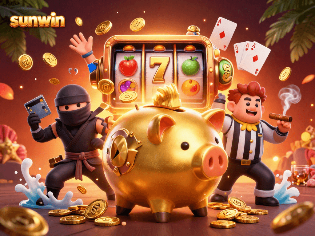 Engage with the sunwin animated scene featuring a piggy bank sumo wrestler among rich casino symbols.