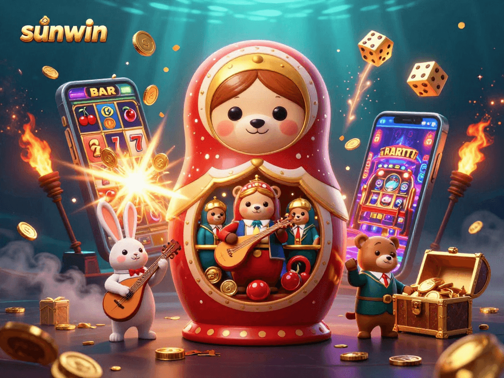 Experience the excitement of sunwin with a vibrant casino scene featuring playful characters and dynamic games.