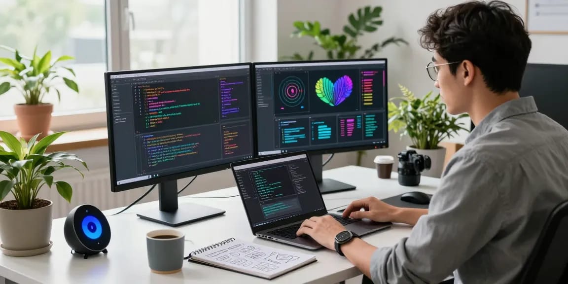 Developer utilizing generative AI tools in a modern tech workspace, showcasing coding on dual monitors and a creative environment.