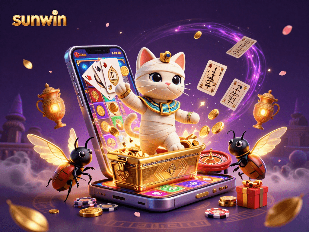 sunwin brings excitement with an Egyptian mummy cat and scarab beetle in a dramatic casino scene