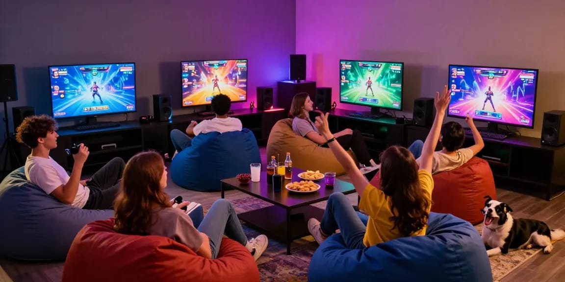 Friends enjoying interactive porn games in a vibrant gaming lounge, capturing a lively atmosphere.
