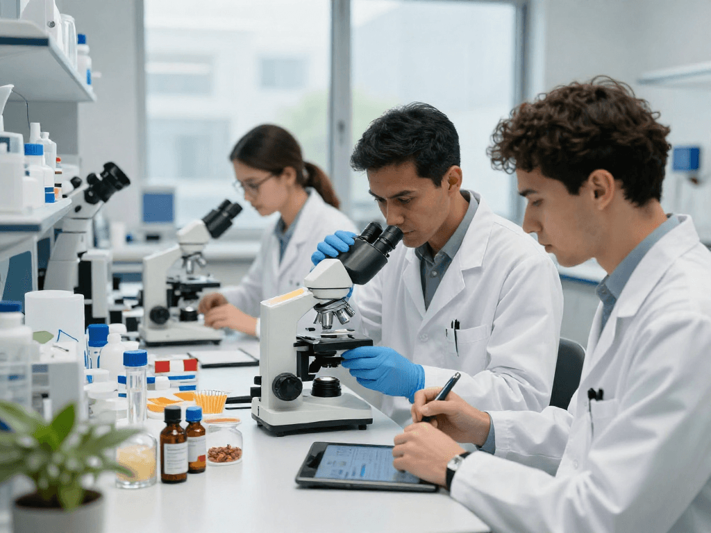 Researchers exploring BPC 157 Benefits through advanced buccal strip technology in a modern lab.