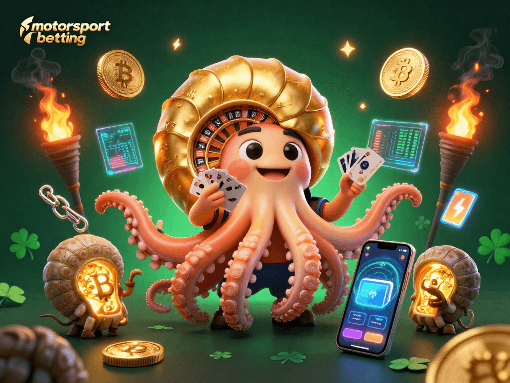 Experience motorsport betting action with a vibrant 3D illustration of casino elements and characters.