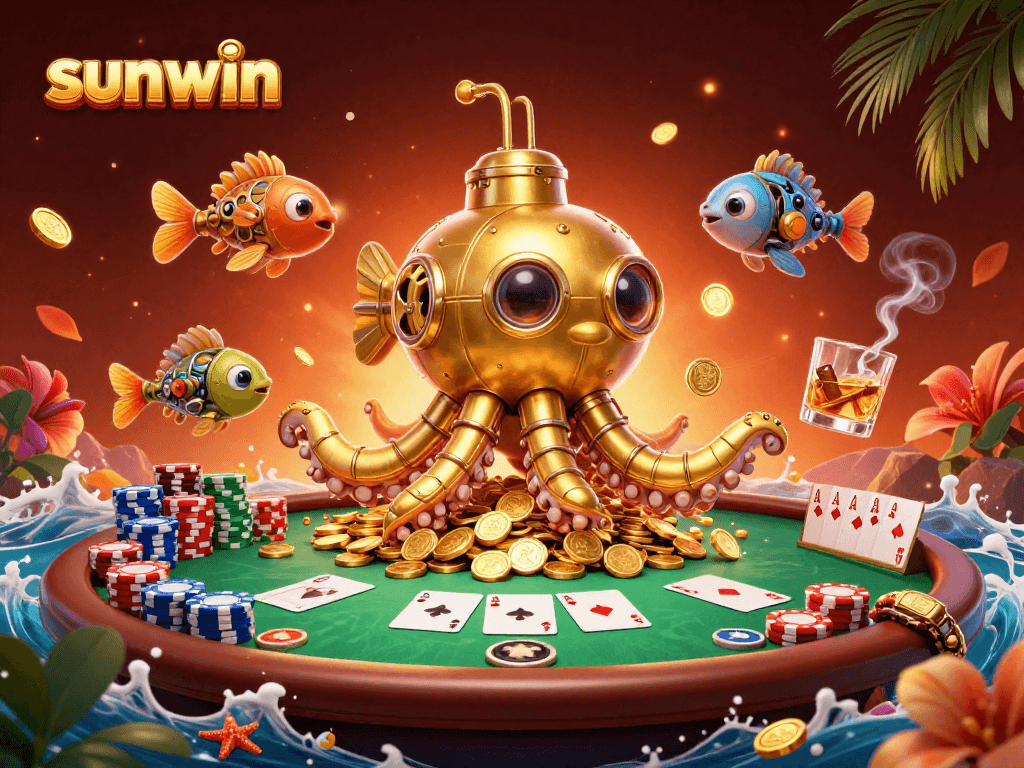 Experience sunwin's exciting atmosphere with a golden kraken submarine amidst poker thrills.