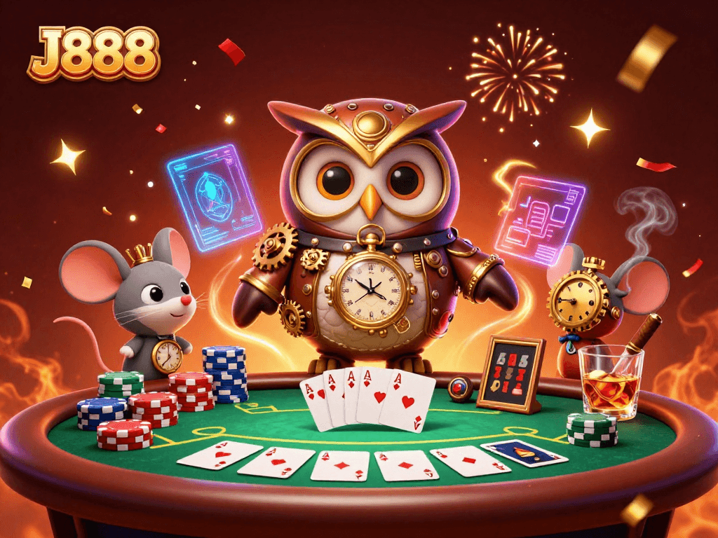 Experience winning strategies at J888 with this vibrant casino scene featuring a lively poker game.