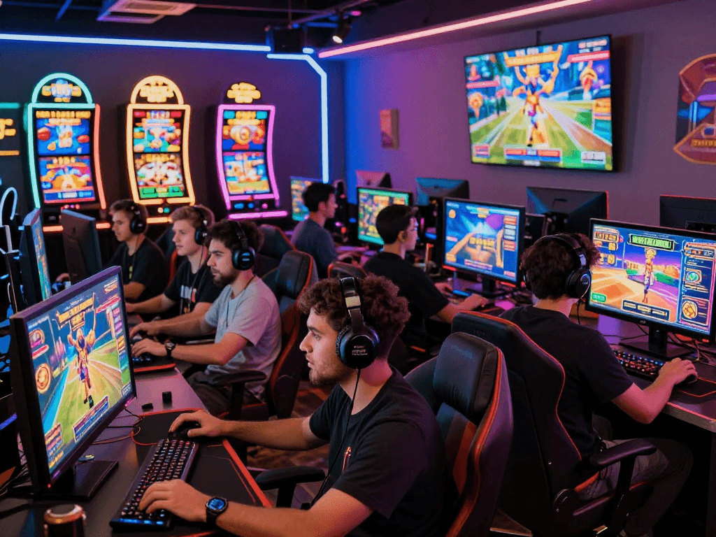 Exciting raja328 gaming experience showcasing players engaged in live casino and e-sports with vibrant neon lights.