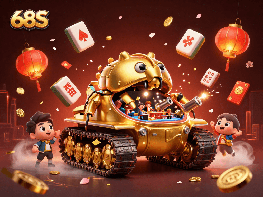 68S apresenta um tanque de besouro dourado com um cassino em miniatura, rodeado de elementos de jogos vibrantes.