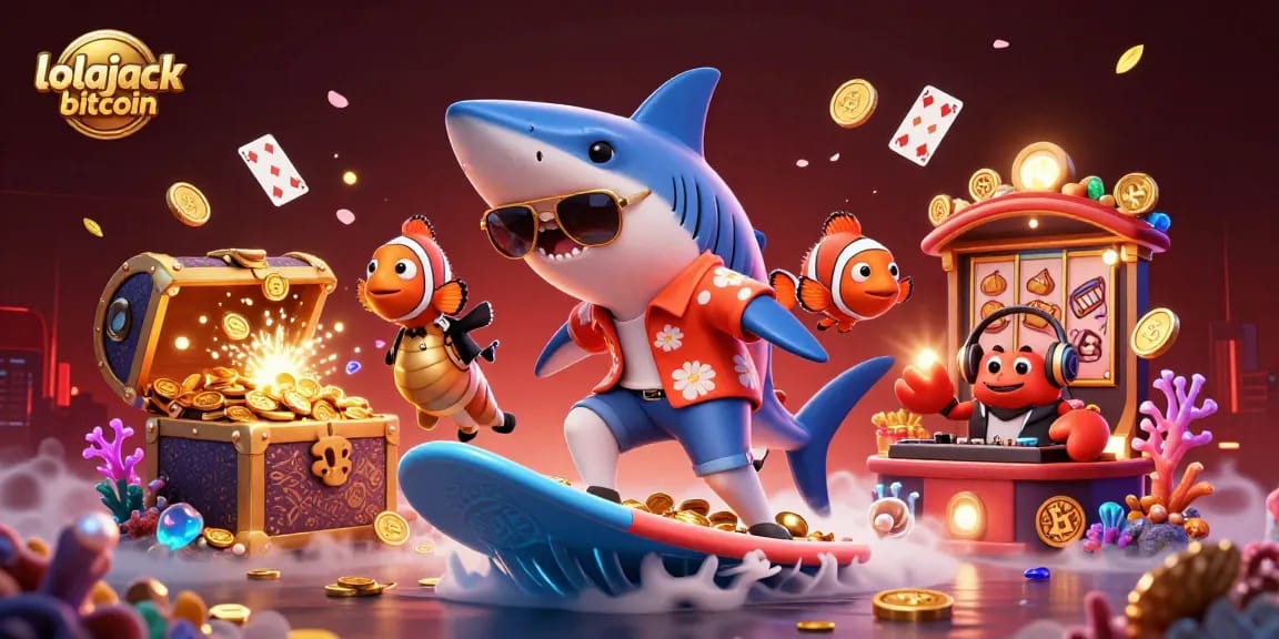 Experience the excitement of lolajack bitcoin as a shark surfs on gold coins surrounded by colorful gambling elements.