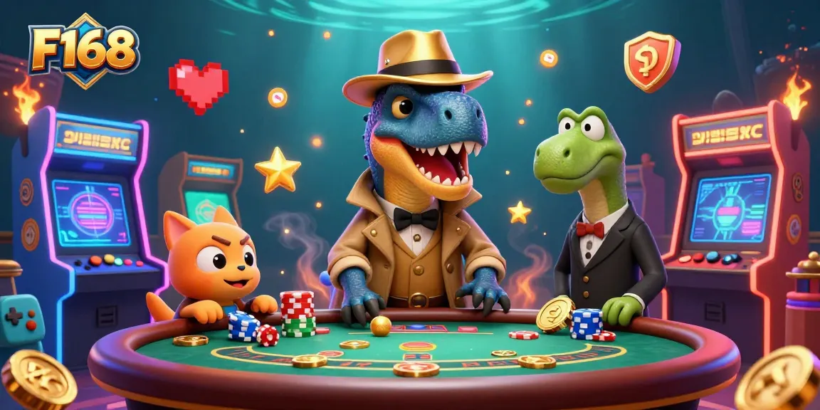 Engage with F168's lively casino scene featuring a velociraptor card counter, stegosaurus pit boss, and compy pickpocket amidst vibrant gaming elements.