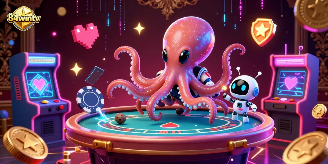 Experience captivating gaming at 84wintv with an octopus mastering poker in a vibrant arcade.