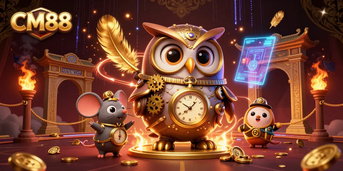 CM88 showcases an exciting casino scene with a time-traveler owl and vibrant gaming elements.