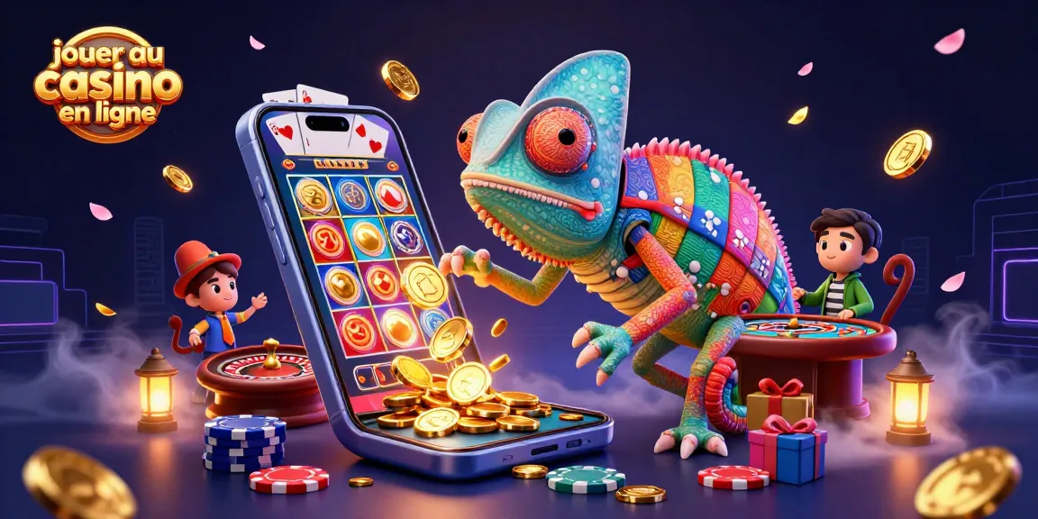 Jouer au casino en ligne avec un caméléon géant, machines à sous et jeux de table colorés.
