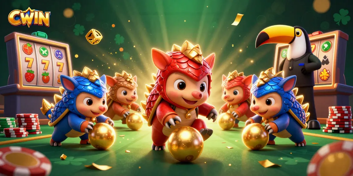 CWIN slots game concept with rival pangolins and dynamic jackpot reels surrounded by golden coins.