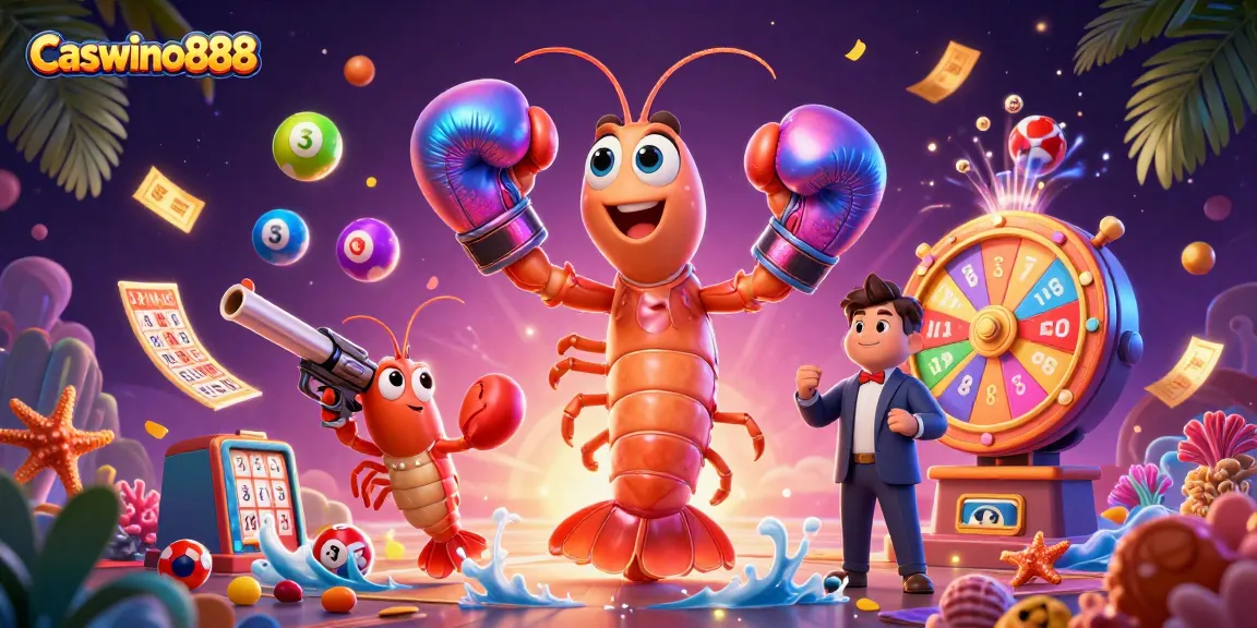 Engage with Caswino888's vibrant gaming universe featuring energetic casino elements and colorful lottery balls.