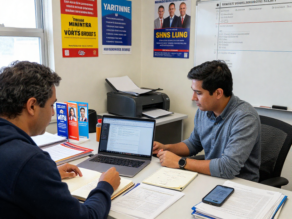 Campaign manager analyzing voter data and managing Instagram ads for campaigns in a vibrant political office.