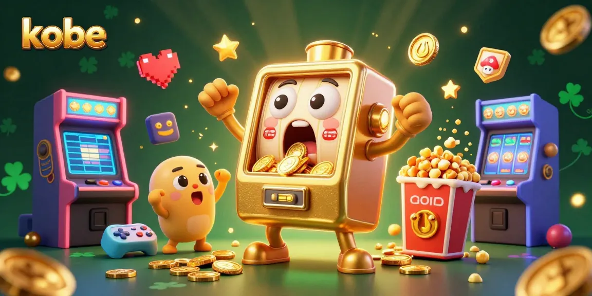 Kobe's cheerful golden slot machine wins a jackpot, surrounded by arcade excitement and cheering baby slots.