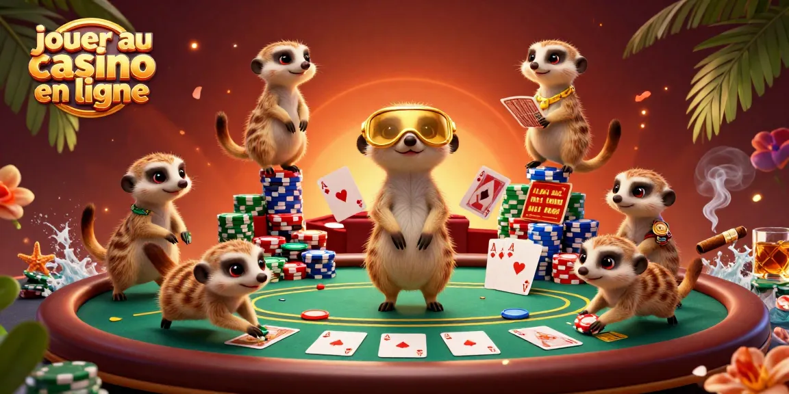 Jouer au casino en ligne avec des suricates gérant des tables de poker dans une ambiance festive et animée.