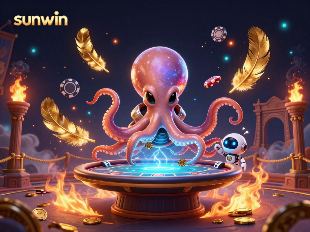 Play thrilling poker with sunwin's alien octopus in this vibrant cosmic casino scene.