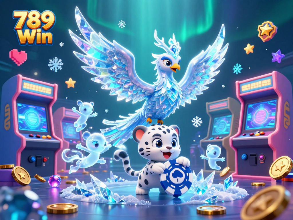 Immerse in 789 Win's icy casino world with a phoenix, snow leopard, and vibrant game elements.