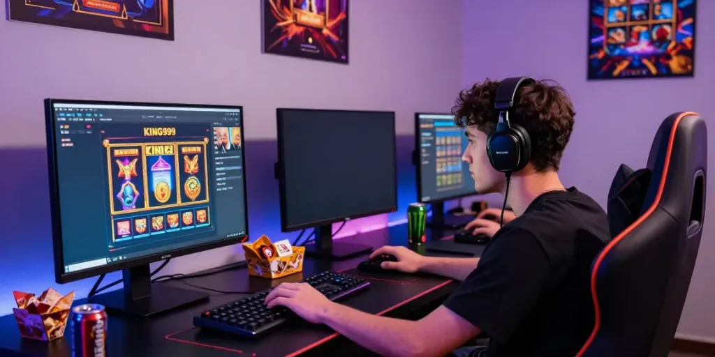 Player engaged in KING999 slot games on computer with vibrant graphics.