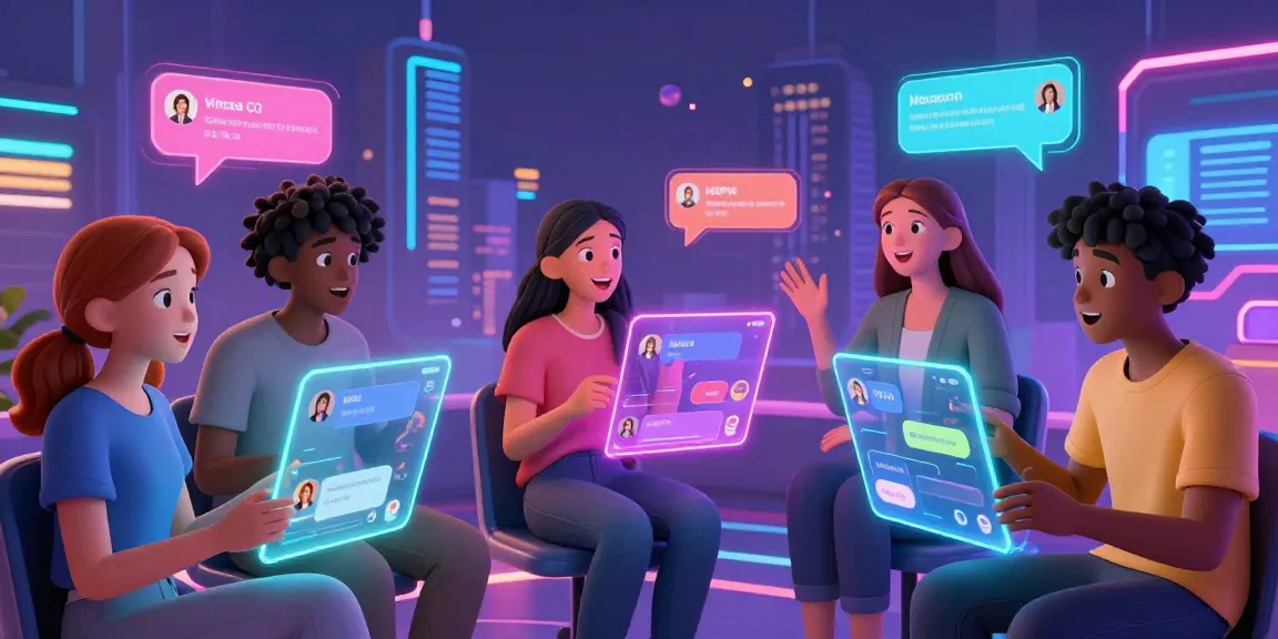 Engaging NSFW AI chat scene showing diverse characters in animated conversations with vibrant neon elements.