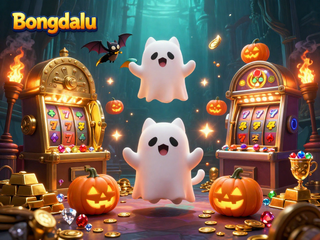 Bongdalu's haunted casino scene with a ghost cat, vampire bat, and glowing jack-o-lanterns.