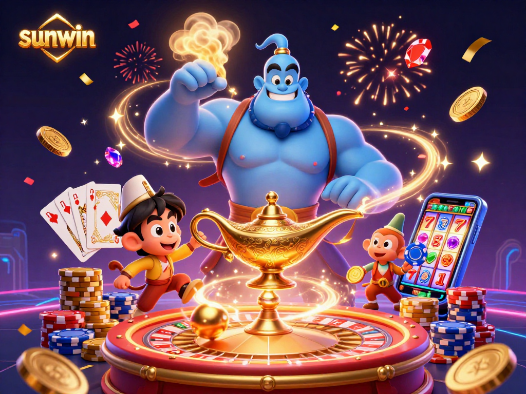 Experience the excitement of sunwin with a vibrant casino scene featuring a blue genie and gaming elements.