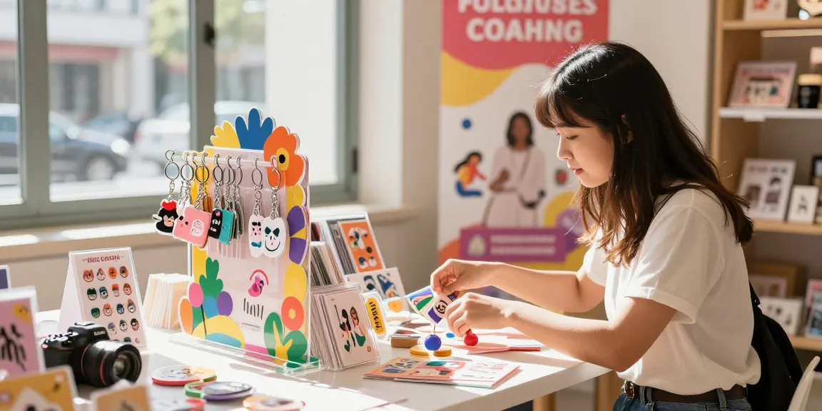 Custom acrylic stand displaying bright merchandise, including keychains and stickers, in an engaging e-commerce environment.