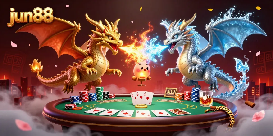 Experience thrilling gameplay at jun88 with dragons entangled mid-flight above a vibrant poker table.