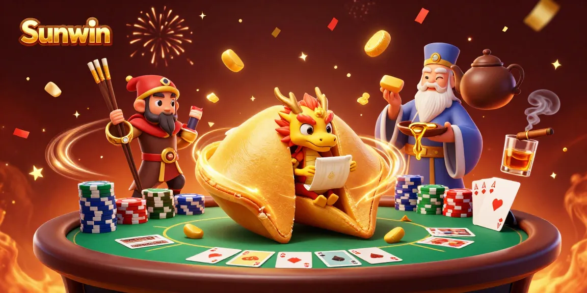Sunwin transforms gameplay with a dynamic scene featuring a giant fortune cookie and poker elements, enriching the gaming experience.