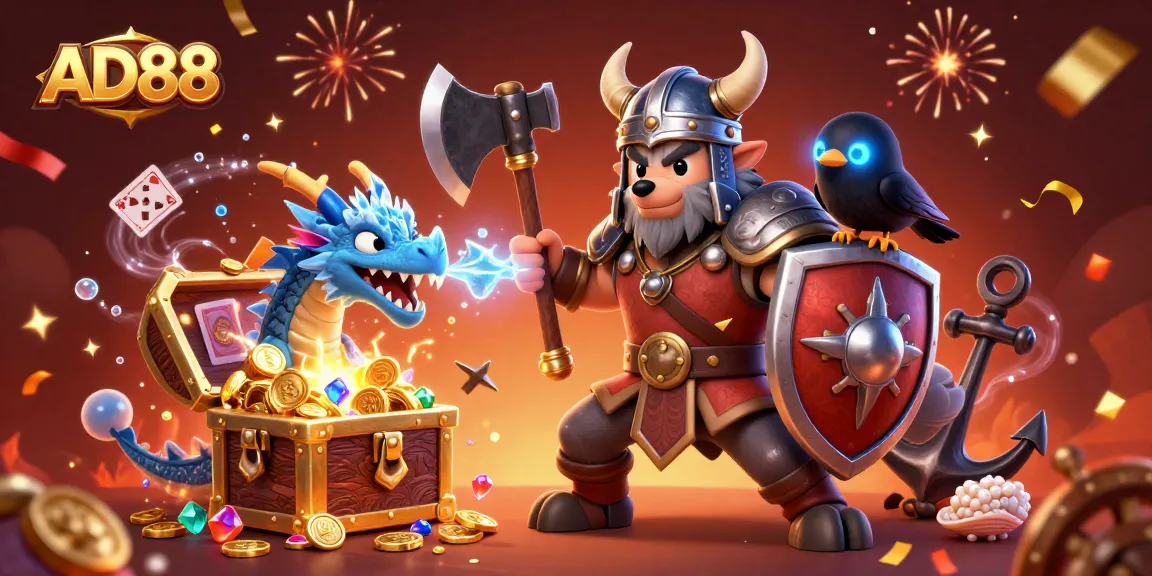 Experience thrilling adventures with AD88, featuring a Viking warrior and a fierce dragon amidst an explosion of treasure.