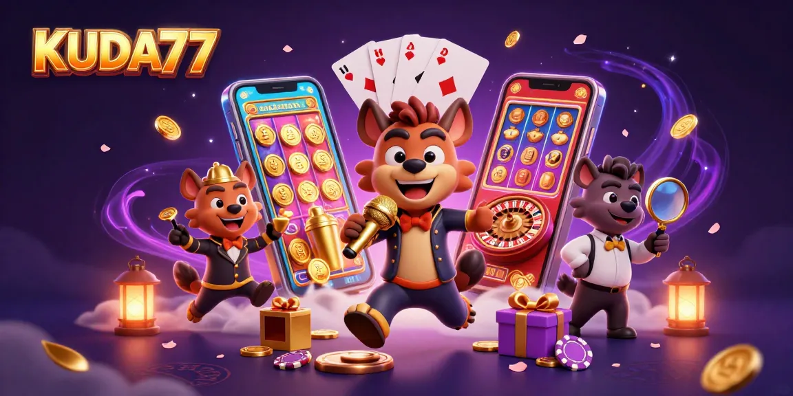Gambarlah permainan slot KUDA77 dengan hyena lucu dan suasana kasino yang meriah.