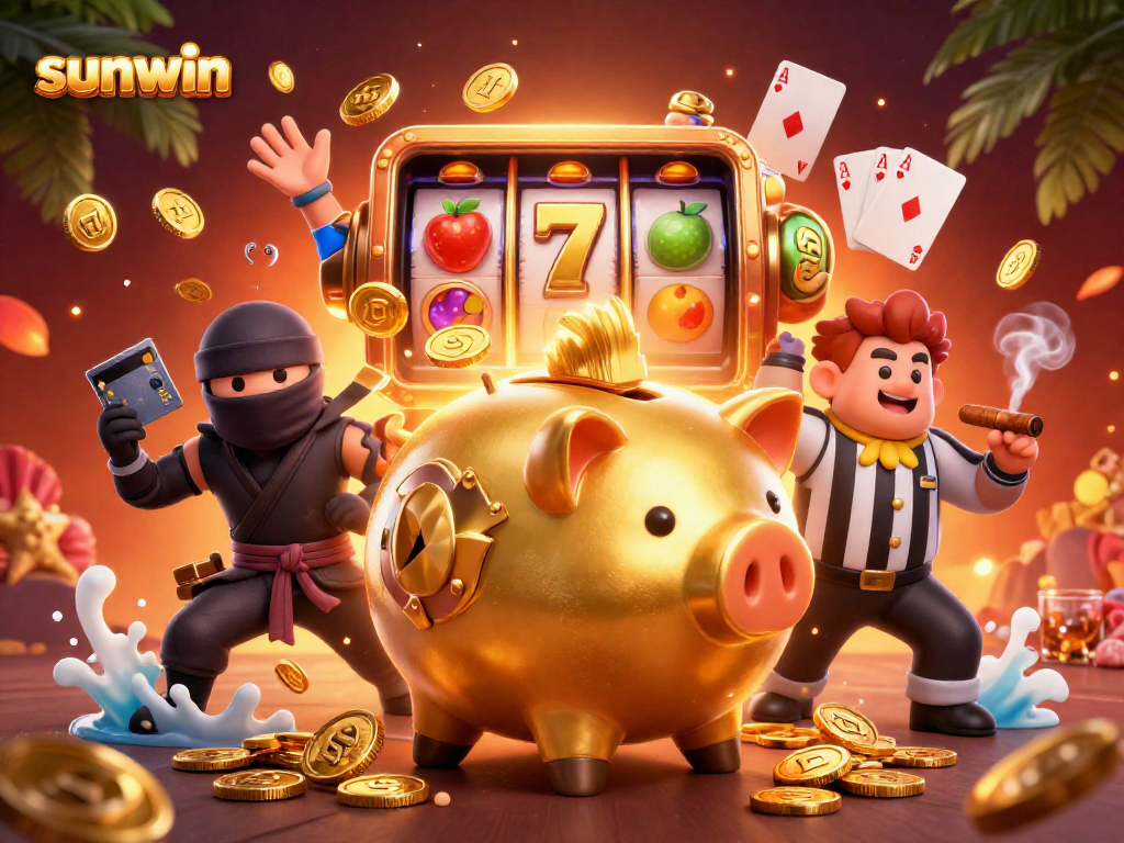 Engage with the sunwin animated scene featuring a piggy bank sumo wrestler among rich casino symbols.