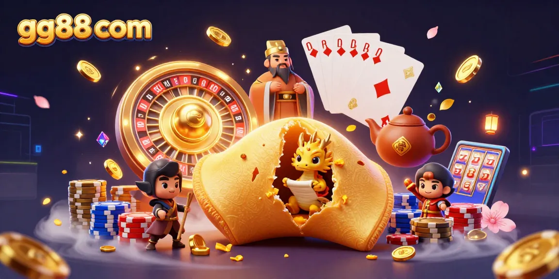 Experience gaming thrills with gg88 com's golden fortune cookie and matching casino elements.