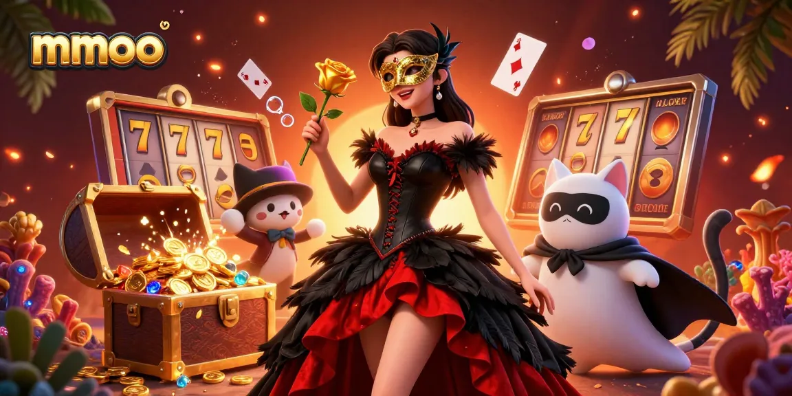 Engage with mmoo's thrilling slots experience featuring a glamorous scene with a stunning woman and vibrant gaming elements.