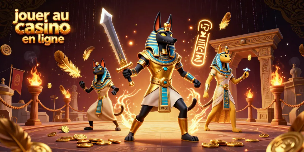 Jouer au casino en ligne avec Anubis et Bastet au cœur d'une arène, entourés de pièces en or.