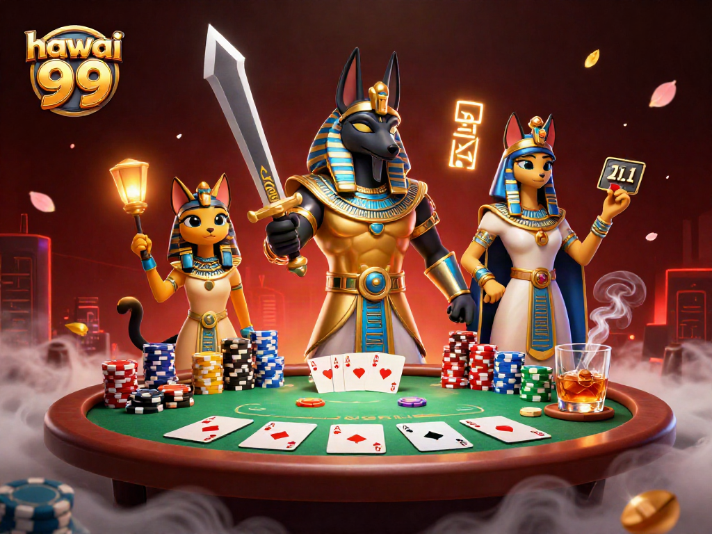 Play poker in style with hawai 99, featuring Anubis and Bastet in a lively casino scene.