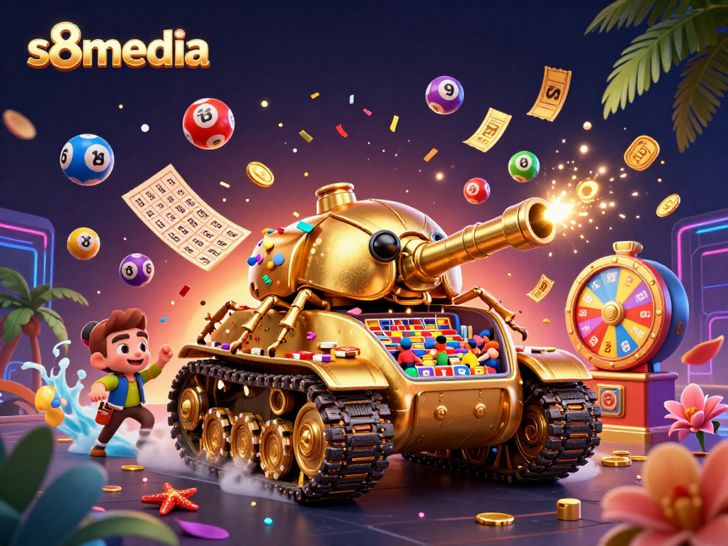 Experience thrilling gameplay at s8media with a vibrant casino scene featuring a golden tank and colorful prizes.